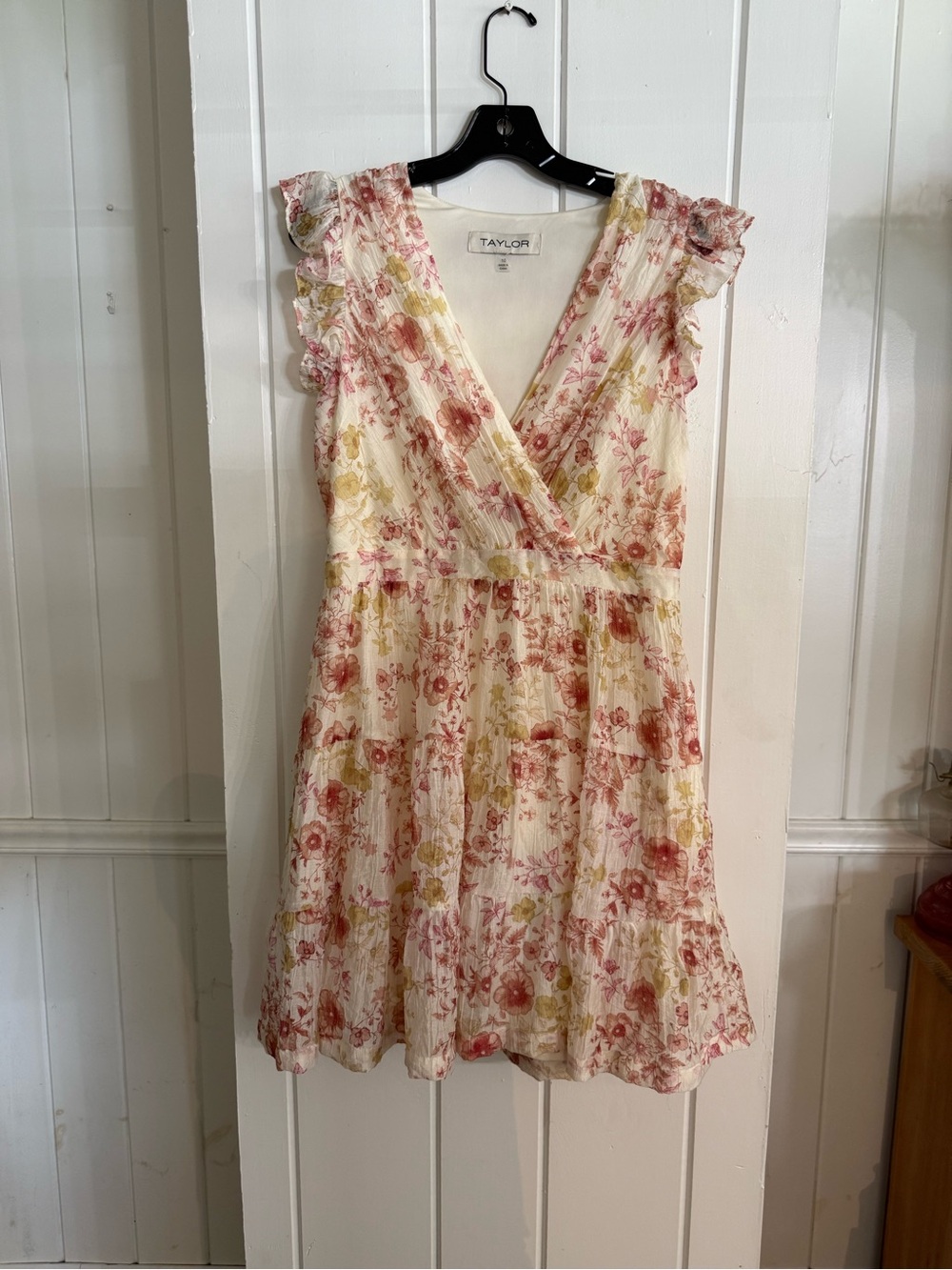 Taylor Cream Floral Wrap Mini Dress with Pink & Yellow Blooms